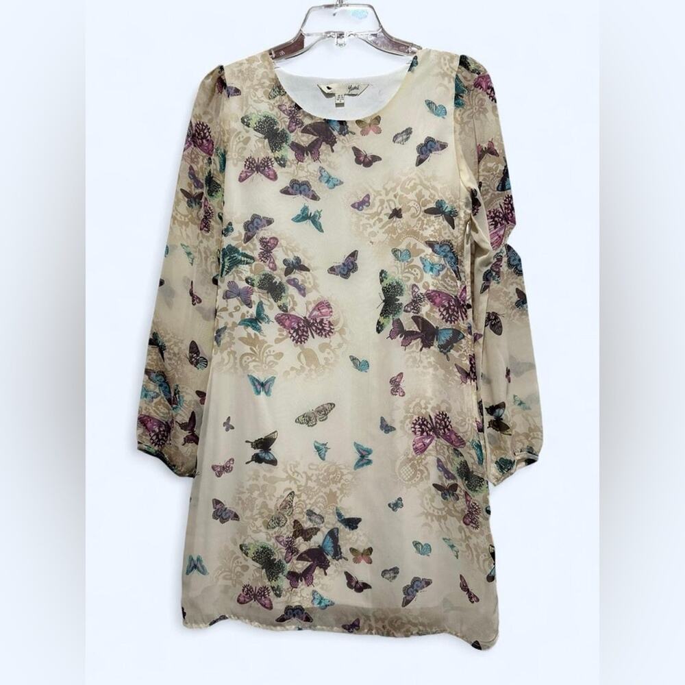 Yumi Floral Butterfly Print Long Sleeve Shift Dress US 2 4 S Sheer Whimsigoth